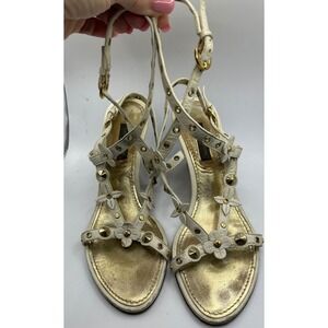 Louis Vuitton Women's White Leather Gold Studded Flower Wedge‎ Sandals